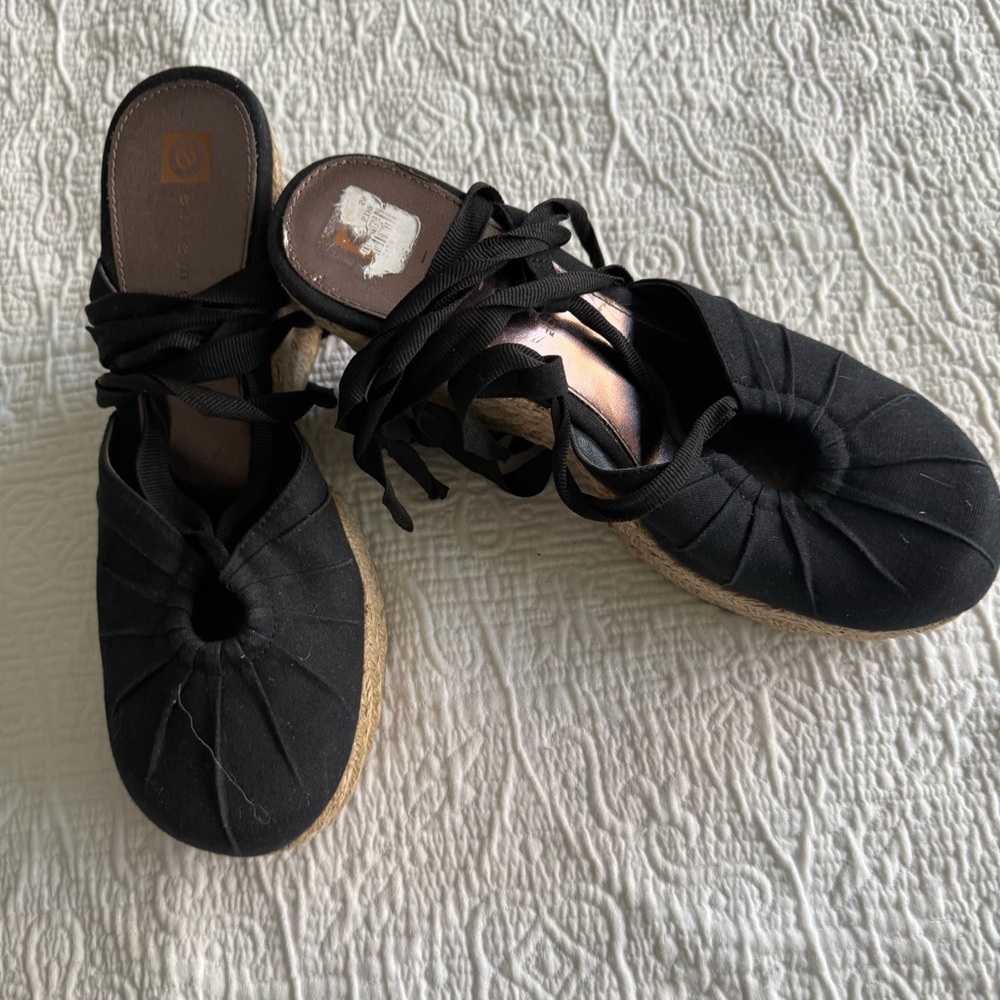 Ellemenno Black Canvas Wedge Espadrille Shoes size 7
